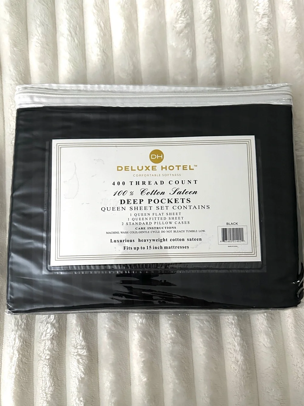 100% Cotton Sateen 400 Thread Count QUEEN sheet set Black Striped NEW NWT